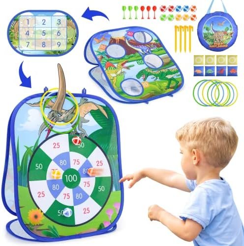 5 en 1 Jeu de Fléchettes, Bean Bag Toss Game, Morpion, Jeu de Pitching et Jeu de Lancer d'anneaux, Jouet de Fête Intérieurs et Extérieurs Garçon Fille et Adulte