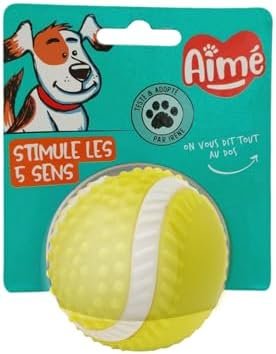 Aimé - Balle pour Chien 5 en 1 Saveur Bœuf - Jouet Interactif/Éducatif pour Développer et Stimuler Les 5 Sens - Résistant Toutes Races et Tous Âges - Balle 8 cm