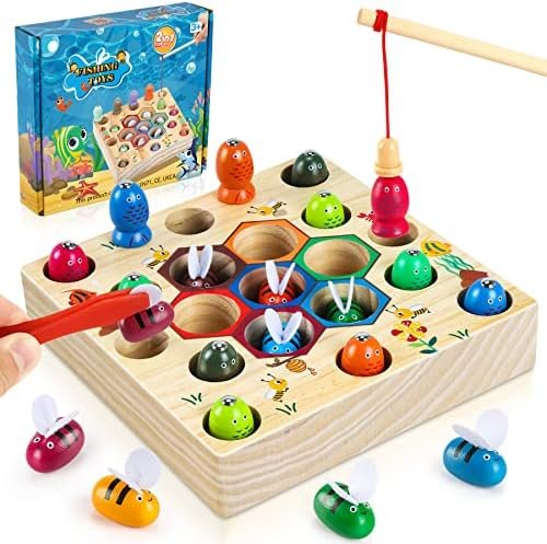 COOLJOY Jouet Enfant 2 Ans, Jeux Montessori 2 Ans, Jeu de pêche 2 en 1(Brevet Autorisé), Jouet en Bois pour Cadeau Fille Garcon Bébés 2 3 4 Ans