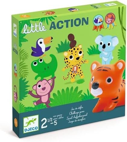 DJECO Little Action - Jeux de Société pour Enfants, 2 à 5 Ans- 6 Figurines Animaux, 20 Cartes Défi, 12 Médailles - Développe Manipulation et Adresse - Pièces Durables et Colorées - 2 à 4 Joueurs