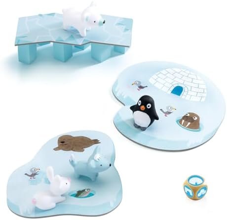 DJECO Little Cooperation - Jeu de Société Enfants, 2,5 à 5 Ans - Stratégie et Travail d'Équipe - Aide Les Animaux à Rejoindre Leurs Igloos ! 2 Plateaux, 1 Pont, 6 Piliers, 4 Figurines - 2 à 4 Joueurs
