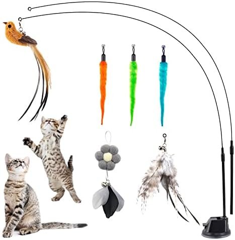 EASY JOY Jouet Chat Interieur, interactifs pour Chats avec 2 Baguette Magique et 6 Plumes avec Cloche, Kit avec Ventouse Amovible (9Pièces)
