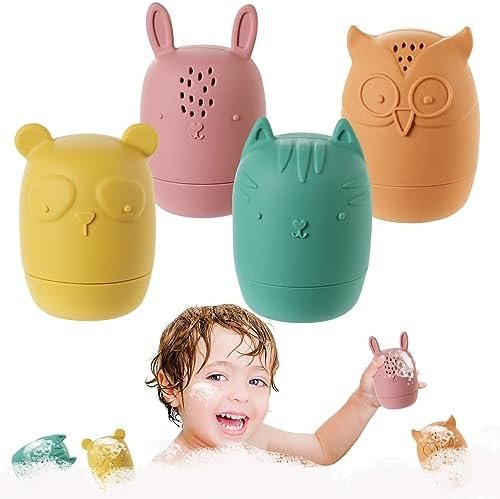 HOTUT Jouet de Bain Bébé, 4 Pièces Jouets de Bain en Silicone avec Ouverture, Pulvérisable, Jouets d'eau Compressibles, Animaux Jouets Flottants, Jouets Baignoire pour Le Bain Piscine La Plage Cadeaux