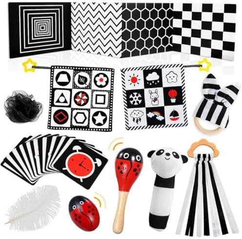 HappyKidsClub Jouet Bebe 0-12 Mois, Livre Carte Montessori Sensoriel en Tissu Noir et Blanc Bebe Cadeau Naissance Fille Garcon Jouets d'éveil Jeux Bebe