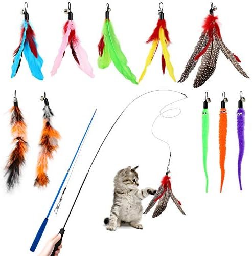 Hianjoo Jouet à Plumes pour Chats [12 PCS], Jouets interactifs pour Chats 2 bâtons drôles de Baguette rétractable pour Chat et 10 Plumes de Remplacement avec Cloche