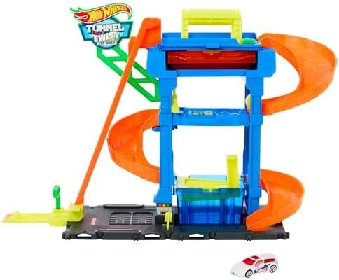 Hot Wheels Let’s Race Netflix - City Le Tunnel de Lavage Coffret circuit avec 1 véhicule Color Shifters à l’échelle 1/64, HTN80