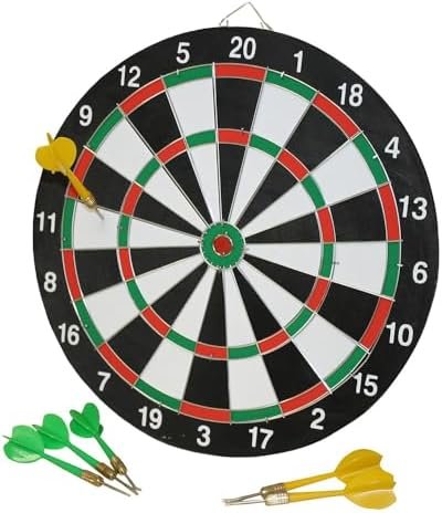 Idena 40375 - Cible de fléchettes à suspendre, planche à fléchettes avec 2 côtés, diamètre 29 cm, y compris 6 fléchettes en vert et en jaune ainsi que les instructions de jeu