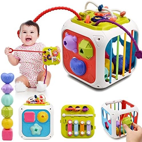 Jouet Bebe 1 2 An, 7 in 1 Montessori Sensoriel Jouets pour Bebe 6 9 12 18 Mois Naissance Fille Garcon, Cadeau Educatif Motricité Cube d'activité Jeux pour Enfants 1 2 Ans Anniversaire Noël Cadeau