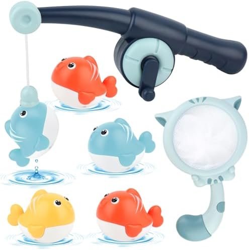 Jouet de bain pour bébé à partir de 1, 2, 3 ans, jouet de bain pour tout-petits avec 5 jouets de bain à remonter, jeu de pêche, jouet de bain avec filet de pêche, bâtons de pêche, jouets flottants