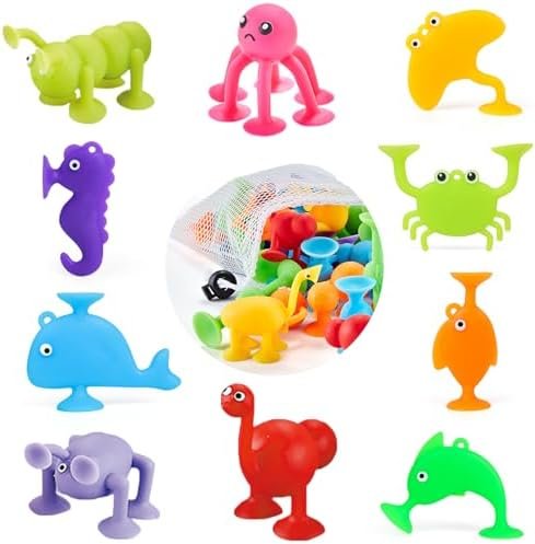 Jouets à Ventouse Silicone pour Enfants, Jouets de Bain Animal Sucker Toys, 10 Pièces Jeu Fléchettes De avec Sac de Rangement, Éducation Cadeau pour Garçons Filles de 3 4 5 Ans.