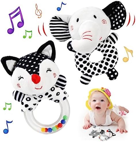 JoyLife Jouets D'éveil Bebe 0 3 6 12 Mois, Noirs et blancs Jouet de Peluche Hochets Haltère Cadeau pour Bebe Garçon Fille, Voyage Douce Jouets en Peluche avec des sons