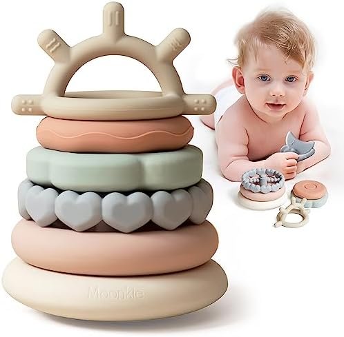 Moonkie Jouets Tour Empilable Bebe avec Anneaux, Jouet Eveil, Jouet Dentition Bain bébé, Jouets d'éducation précoce, Cadeaux pour bébés 6 12 18 Mois