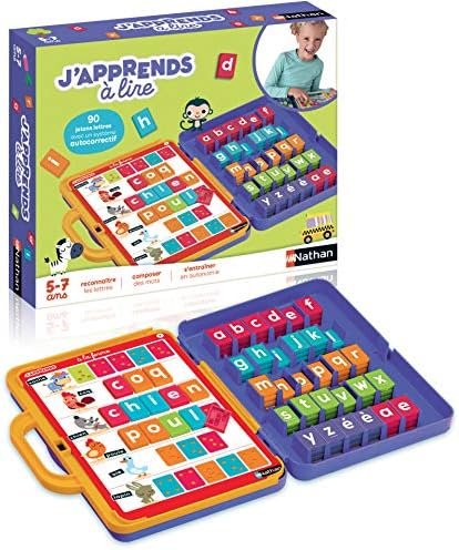 Nathan - J'apprends à Lire - Jeux de Société Educatif pour Enfants 5 ans - Apprendre à Lire - Système Autocorrectif - Reconnaitre les Lettres - 90 Jetons 15 Planches illustrées - Malette Transportable