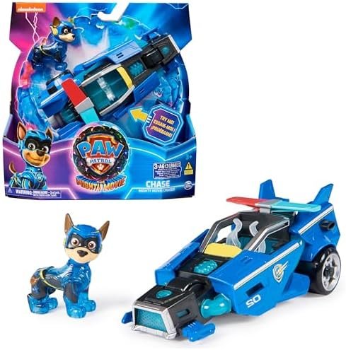 Paw Patrol - Pat Patrouille - Véhicule + Figurine Chase du Film - Voiture Figurine À Collectionner - Sons Lumières - Pat Patrouille Jouet - Voiture pour Enfant 3 Ans et +