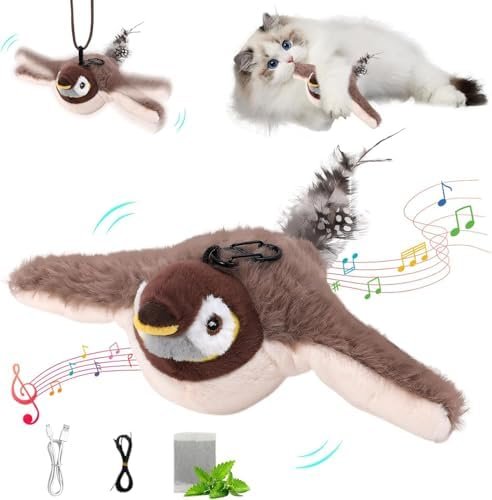 Pipihome Jouet Chat Oiseau Qui Bouge, Jouet Interactif pour Chat, Oiseau Gazouillant Simulé (Chirping+Flapping+Télécommande) (A)