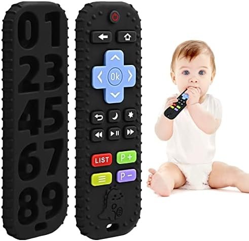 Soulagement des Dentition Jouet pour Bébés 0-6 12 Mois Cadeaux, Télécommande en Jouets de Bain en Silicone pour 3 6 9 Mois Autiste, Sensoriels de Qualité Alimentaire, Noir