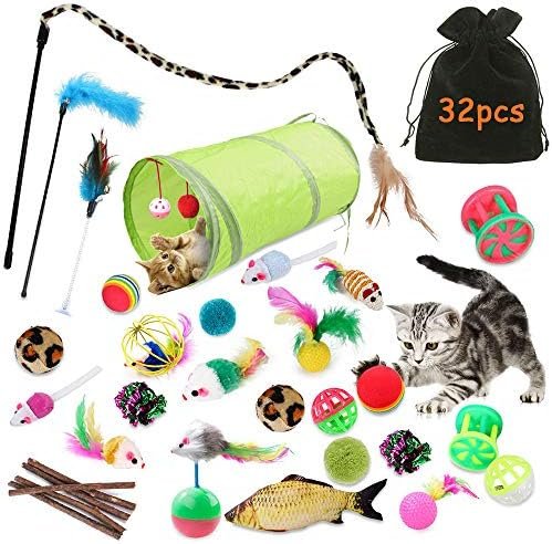 TOPSEAS Kit Jouet Chats Animaux Domestiques Toys pour Chaton Minou,Jouet De Boule De Chat Tunnel Jeu 32 pièces