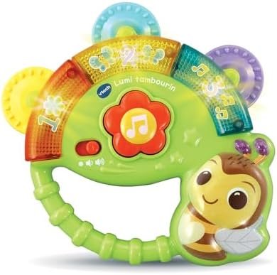 VTech - Lumi Tambourin, Instrument de Musique Bébé, Hochet Tambourin Interactif, Jeu de Motricité Fine, Jouet d'Éveil Musical, Cadeau Bébé Dès 3 Mois - Contenu en Français