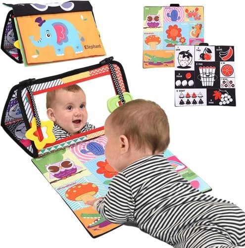 Zawaer Jouets Montessori, Jouet Miroir Bebe eveil 0-9 Mois,Miroir bébé Pliable, Motif Noir et Blanc très contrasté, avec Livre en Tissu, Anneau de Dentition, Jouets éducatifs pour Enfants.