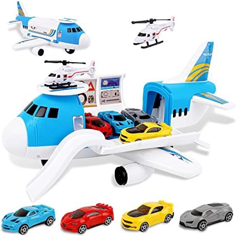 m zimoon Avions Jouets Transporteur Ensemble avec 4 Voitures , 1 pièces Hélicoptère Jouet et 1 Bricolage Autocollants Cadeau pour 3-12 Ans Garçons Filles
