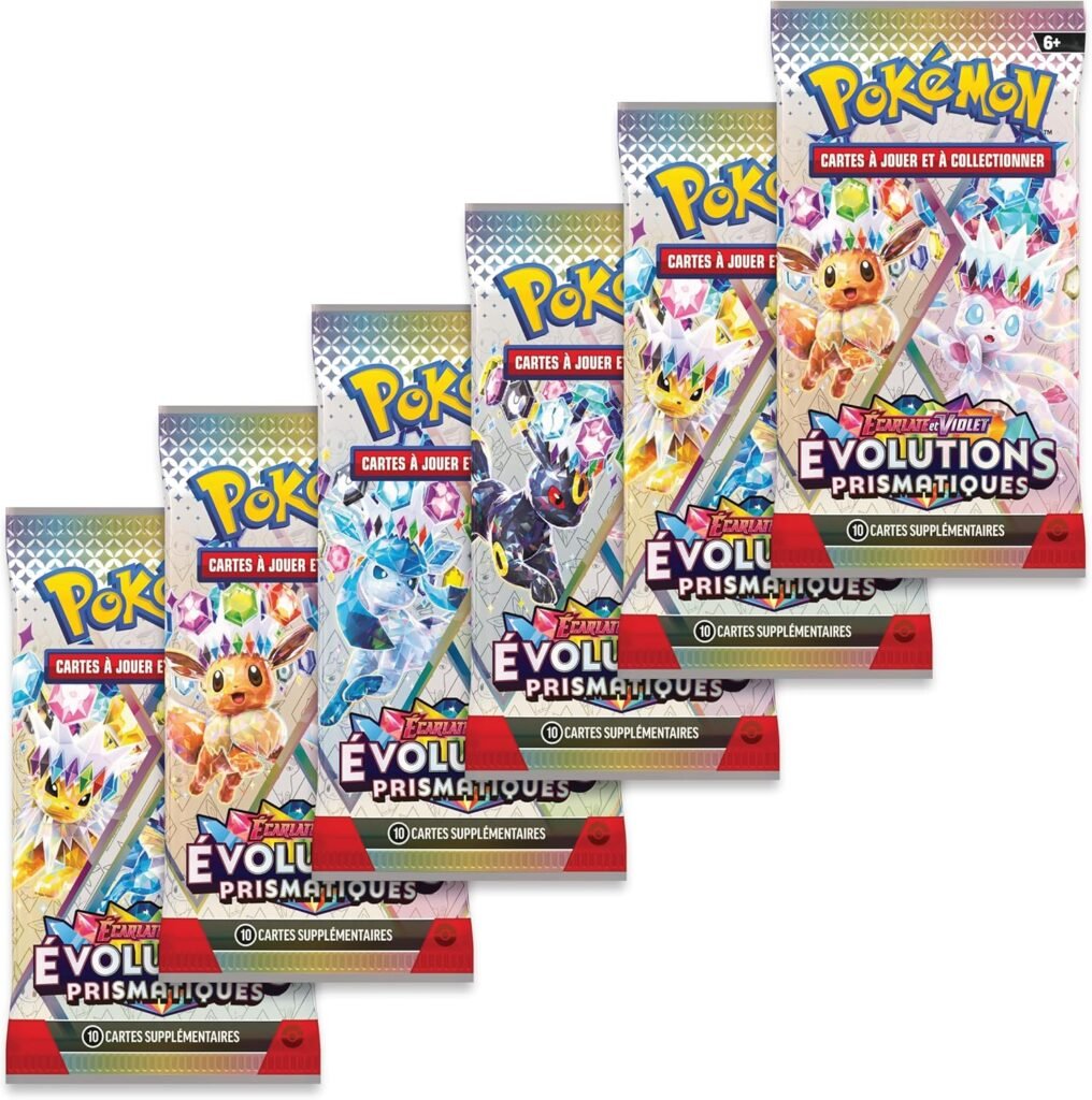 Booster Pokémon Écarlate et Violet avec des cartes Évolutions Prismatiques rares, idéal pour collectionner des cartes spéciales.