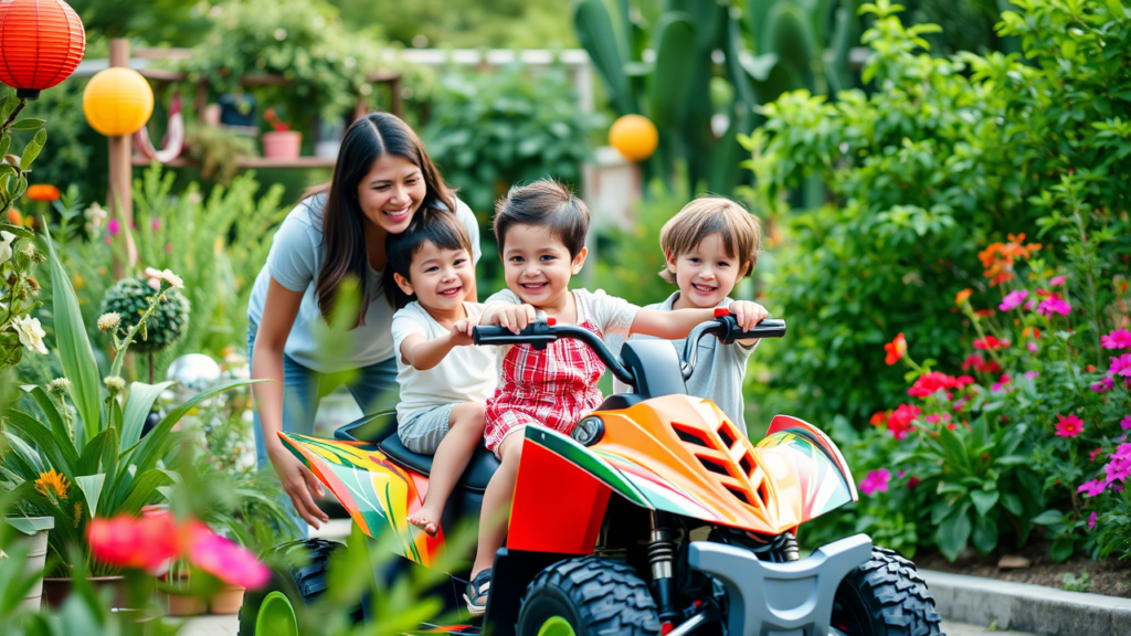 Famille heureuse profitant d'un moment ensemble autour d'un quad électrique pour enfants.
