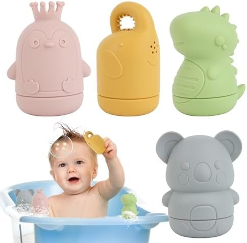 4 Pièces Jouet de Bain Bébé, Jeux Montessori Bébé Eveil, Dentition pour Bébé sans BPA Jouet de Bain, Peut Faire des Bulles, Silicone Souple Jouet Bain Enfant Jeux Educatif 6 9 12 Mois 1 2 3 Ans