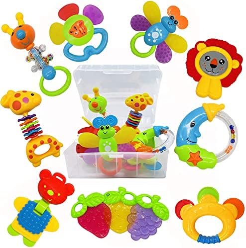 AIVIAI Hochet Bébé pour 0 3 Mois Jouet de Dentition Ensemble Premiers Jouets Bébé Ensemble Cadeau avec boîte de rangement Hochets musicaux pour nouveau-né Bébé fille garçon 3 6 9 12 mois (11 Pièces)
