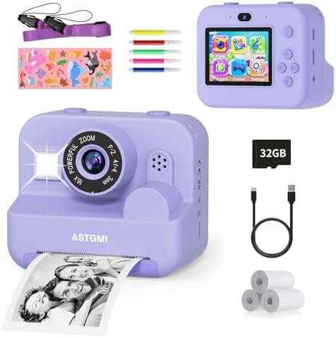 ASTGMI Appareil Photo Instantané, 2.4" Écran Appareil Photo Enfant avec Papier d'impression et Carte 32GB, Mode Selfie et Video, Cadeau Jouet pour Enfant Garçons Filles de 3-14 Ans (Violet)