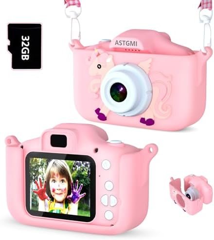 ASTGMI Appareil Photo pour Enfants, 2.0 Pouces Enfant Appareil Photo Numérique, Mini Caméra Rechargeable Caméscope Cadeau Jouet Filles Garçons de 3 à 10 Ans, vidéo HD 1080p, 32G SD Carte