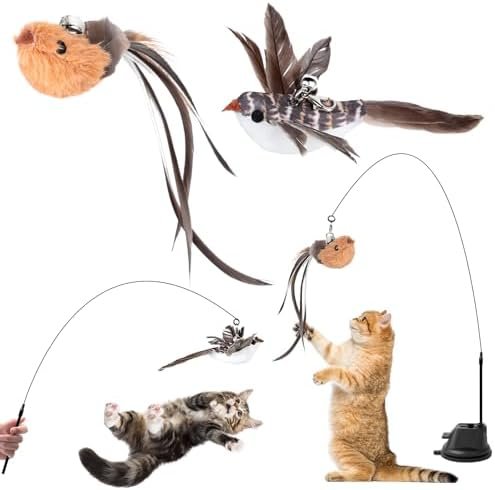 AiQInu 4 Pièces Jouet Chat Interactif, Interieur Jouets pour Chats avec Ventouse, 1 Canne à Pêche pour Chaton avec 2 Oiseaux à Clochettes, Jouets Intelligence Chat Baguette