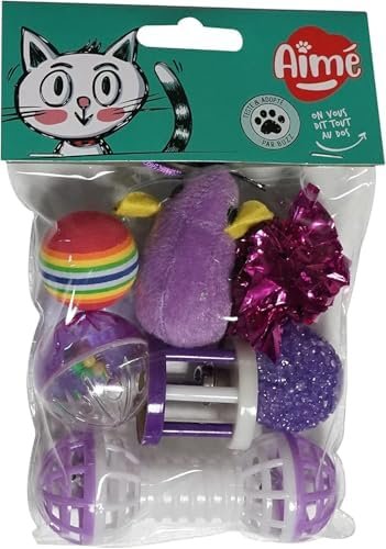 Aimé | Lot de 7 Jouets pour Chat Intérieur et Extérieur | Jeux Variés et Amusants | Facile à Ranger et à Transporter | Convient à Tous les Chats