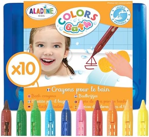 Aladine - Colors Bath - 10 Crayons Bain - Feutres de Bain Effaçables - Pour Dessiner & Écrire - Avec Mallette de Rangement - Faciles à Nettoyer - Jeu de Bain Enfant 3 ans - 42032