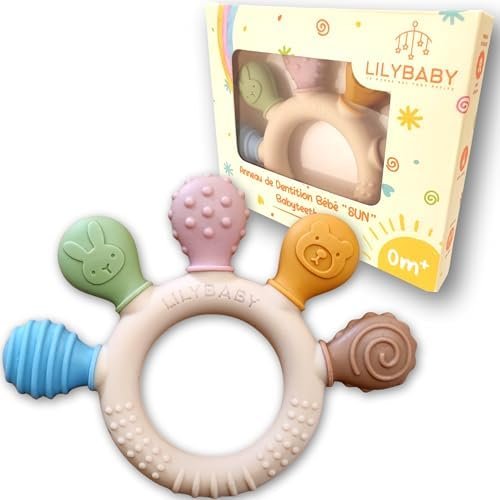 Anneau de dentition bébé "Sun" de LILYBABY® jouet dentaire souple en silicone réfrigérant, sans BPA, sans danger, nettoyage facile, dès 0 mois. Soulage et apaise les gencives et dents de votre bébé.