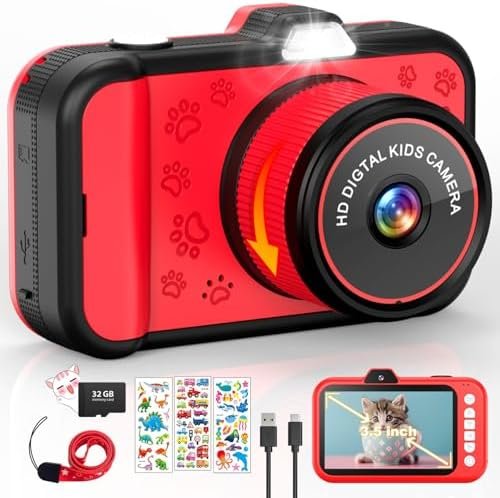 Appareil Photo Enfant avec Zoom Rotatif 360°, Grand écran 3,5", 1080P Apareille Photo Numérique pour Enfants avec Selfie, Flash LED, Carte SD 32 GB, Jouet Appareil Photo Cadeau Fille Garçons 3-12 Ans