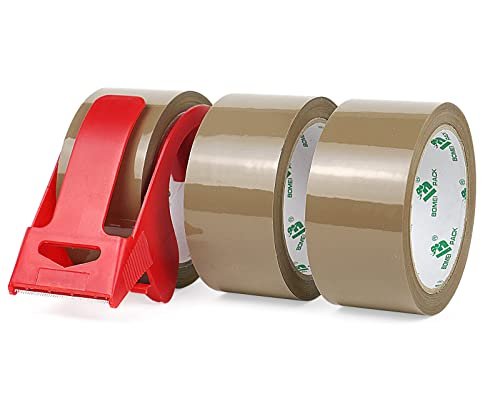 BOMEI PACK 3 Rouleaux de Ruban adhésif Marron pour emballage 48 mm x 66 m avec dévidoir, ruban adhésif déménagement, bureau et stockage