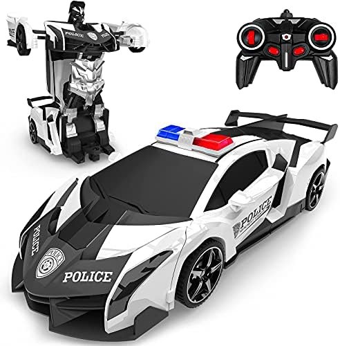 Baztoy Voiture Télécommandée - 2 en 1 Robot Jouets Transformable RC 2.4GHz Voiture Police Radiocommande avec 360°Rotation Rechargeable pour Cadeau Enfant 3 4 5 6 7 8 Ans Garçon Fille