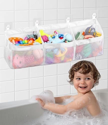 Bixury Sac à Jouet du Bain Organisateur de Jouets de Salle de Bain Sac de Rangement en Maille pour Bain 67 × 14 × 20 cm Filet Jouet Bain Bebe avec 4 Crochets pour Ranger Des Jouets