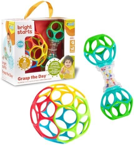 Bright Starts, Set Cadeau Easy-Grasp Oball Bundle - Grasp the Day, Balle et Hochet, Set de 2 Jouets Sans BPA, Unisexe, Nouveau-nés et Plus