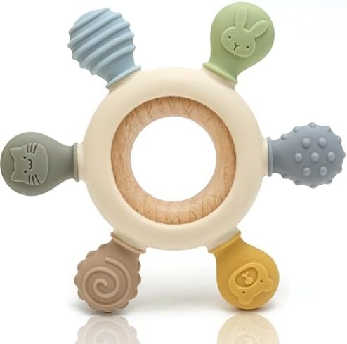 CAJA Anneau de Dentition Bébé – en Silicone & Bois, Sans BPA, Jouet de Dentition & d’Éveil, Facile à Attraper – Bébé 0M+ (complexion A)