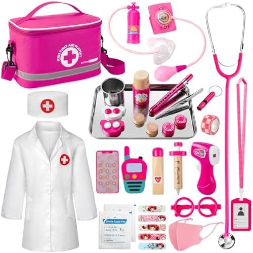 EFO SHM Mallette de Docteur en Bois pour Enfant avec Véritable Stéthoscope, Blouse de Médecin, Thermomètre, Seringue et Sac de Médecin - Jouet d'Imitation et Cadeau pour Enfants dès 3 Ans