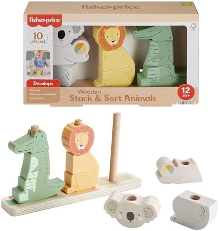 Fisher-Price Animaux en Bois à Empiler et Trier, Jeu d’éveil avec 10 pièces en Bois pour Les Enfants à partir de 1 an, HXV04