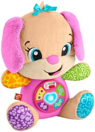 Fisher-Price Rires et Éveil Peluche musicale rose avec activités d’éveil Sis Éveil Progressif, pour bébés et enfants +6 mois, multilingue: Néerlandais, anglais, français, allemand, italien, JFD31