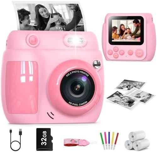Gofunly Appareil Photo Instantané Enfant, 2.4 Pouces 1080P Appareils Photos Numériques pour Enfants avec Carte de 32GB & Papier d'impression, Jouet Noël Cadeaux pour Garçons Filles de 3-10 Ans (Rose)