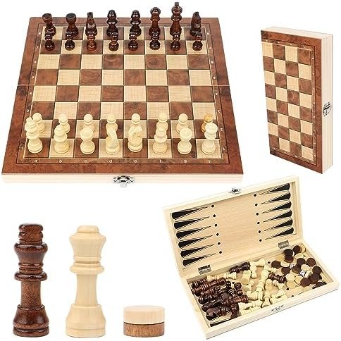 Jeu D'éChecs en Bois, éChecs 3 en 1, Pliable Portable Ensemble D'échiquier, Chess Board Set pour la Famille Activités Fête Adultes Enfants Voyages (29x29cm) (Claire)
