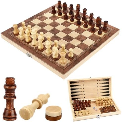 Jeu D'échecs, 3 en 1 Echecs en Bois Échecs Dames Jacquet, Pliable Portable Ensemble D'échiquier, Chess Board pour Enfants Adultes Fête Voyage - 29x29x2cm