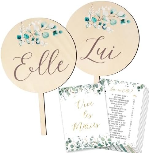 Jeu de mariage pour les Invités 2pcs Elle et Lui Pancarte en Bois et 10 Feuilles Quiz des Mariés Cartes de Questions Jeu d'Animation de Mariage Amusant Décoration Cadeau Invites Mariage