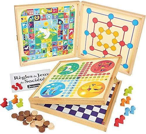 Jeujura- Coffret Classiques Petits Chevaux l’oie Dames marelle-yams-421-50 Règles-4 Plateaux de Jeu et pions en Bois-2 à 6 Joueurs, 8119, White
