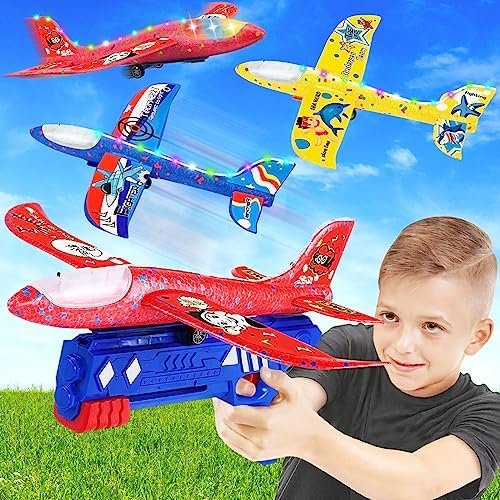 Jeux Enfant 3 4 5 6 Ans, 3 Pièces Avion Polystyrene Planeur avec Pistolet Catapulte, Fuselage Lumineux Jouet 3 Ans, pour Exterieur Intérieur Cadeau Garcon 3 4 5 6 7 8 9 10 Ans