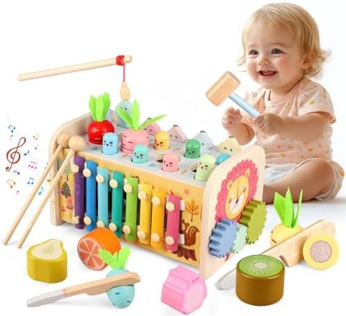 Jouet Bebe Montessori 1 an, 9 en 1 Jeux en Bois Jouet Educatif Enfant 12 Mois 1 2 3 Ans avec Xylophone,Jeu Pêche, Jeu Marteau, Jouet d'activité Cadeau Anniversaire Noël Baby Fille Garcon